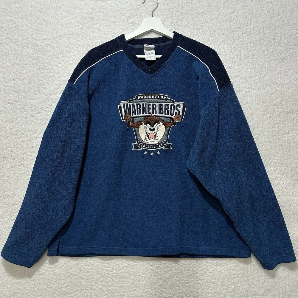 Vintage 90s Warner Brothers Embroidered Tasmanian Devil Taz Fleece Sweater Sz XL